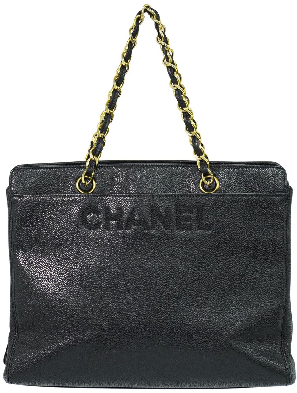 Chanel Chanel Vintage Logo Chain Tote Caviar Medium Zwart