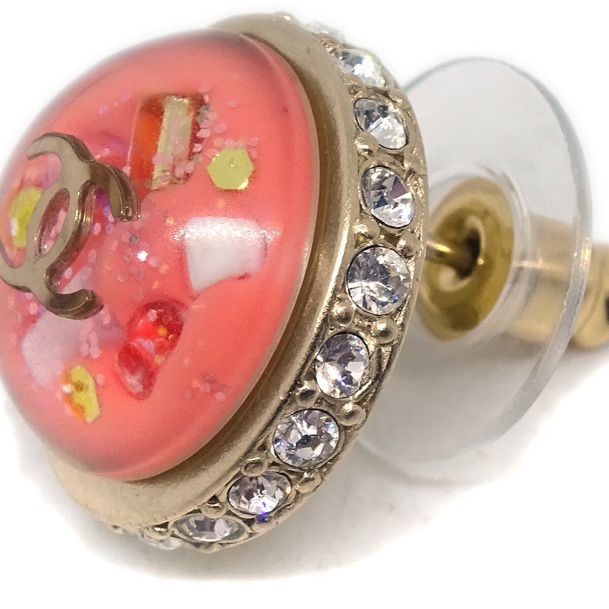 Chanel Chanel CC Logo Button Stud Earrings Metal with Crystals Roze