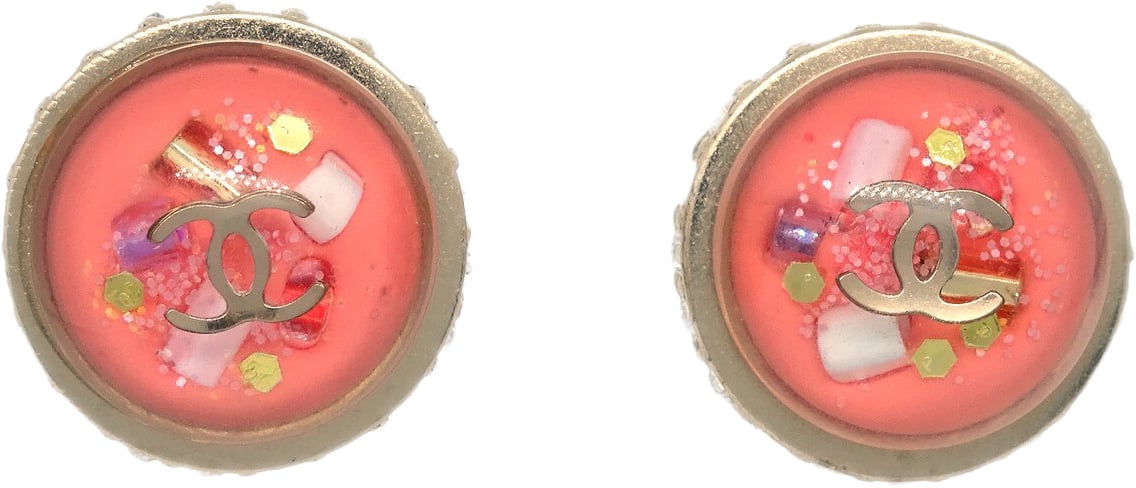 Chanel Chanel CC Logo Button Stud Earrings Metal with Crystals Roze