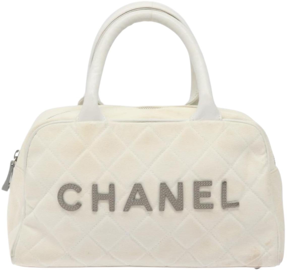 Chanel Chanel Vintage Logo Bowler Bag Quilted Canvas Medium Wit