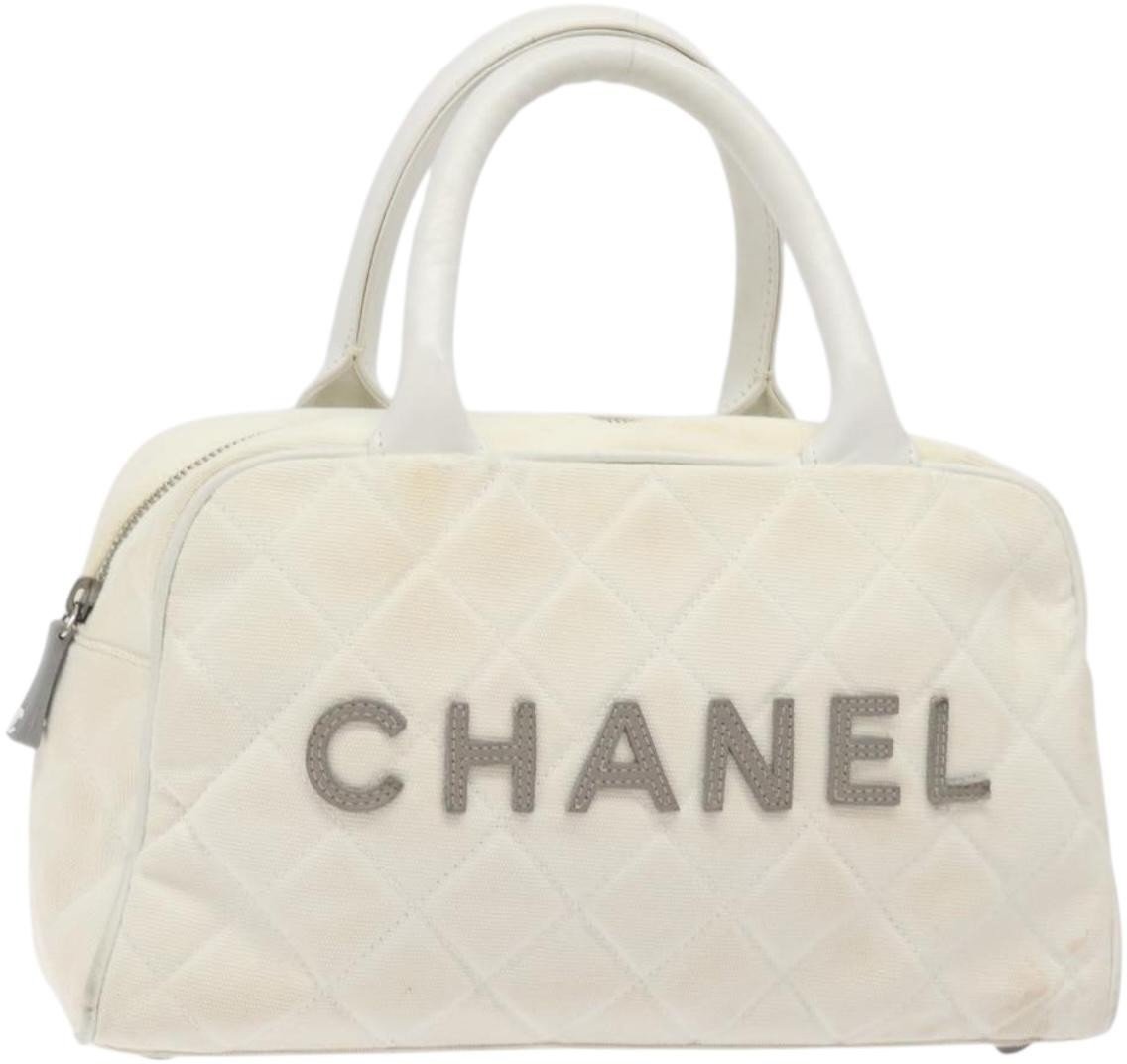 Chanel Chanel Vintage Logo Bowler Bag Quilted Canvas Medium Wit