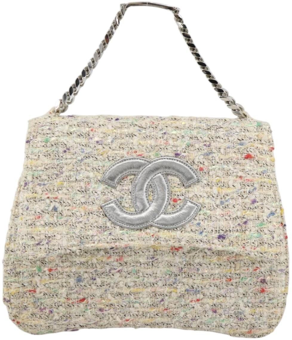 Chanel Chanel Vintage CC Chain Top Handle Bag Quilted Tweed Small Wit