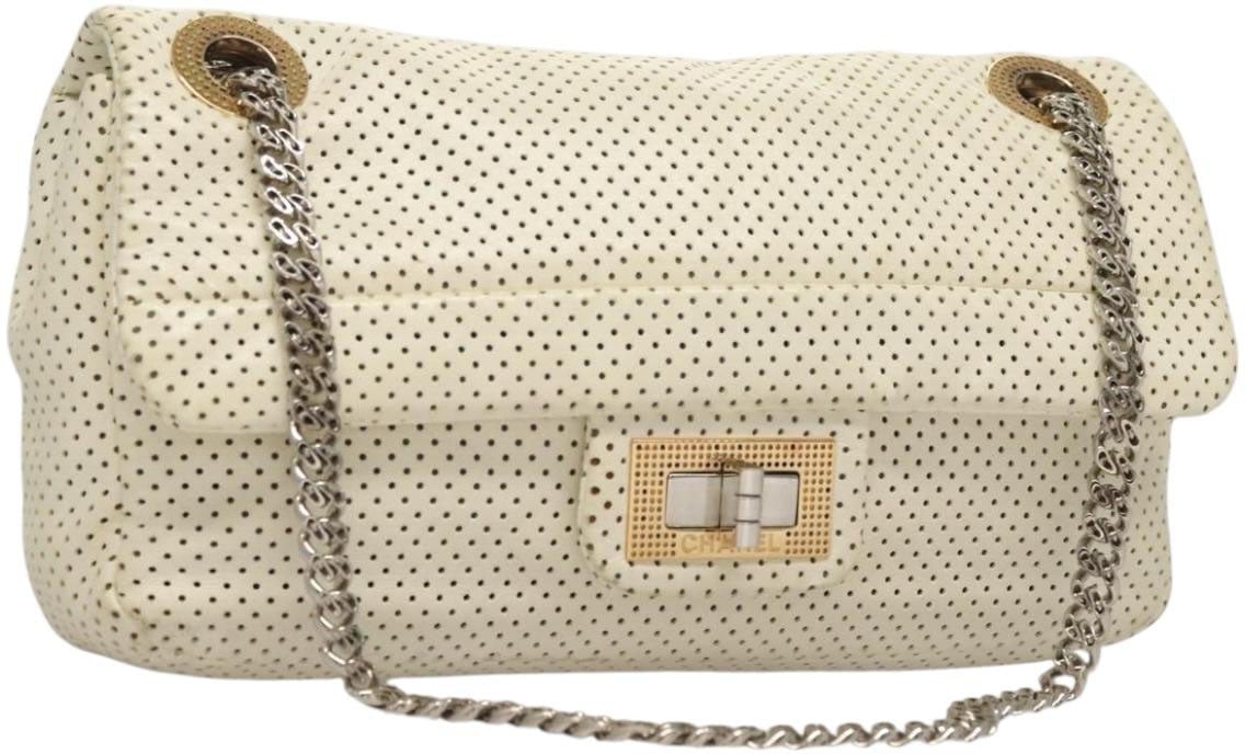 Chanel Chanel Reissue 2.55 Chain Clutch Punching leather White Silver gold CC Auth Wit