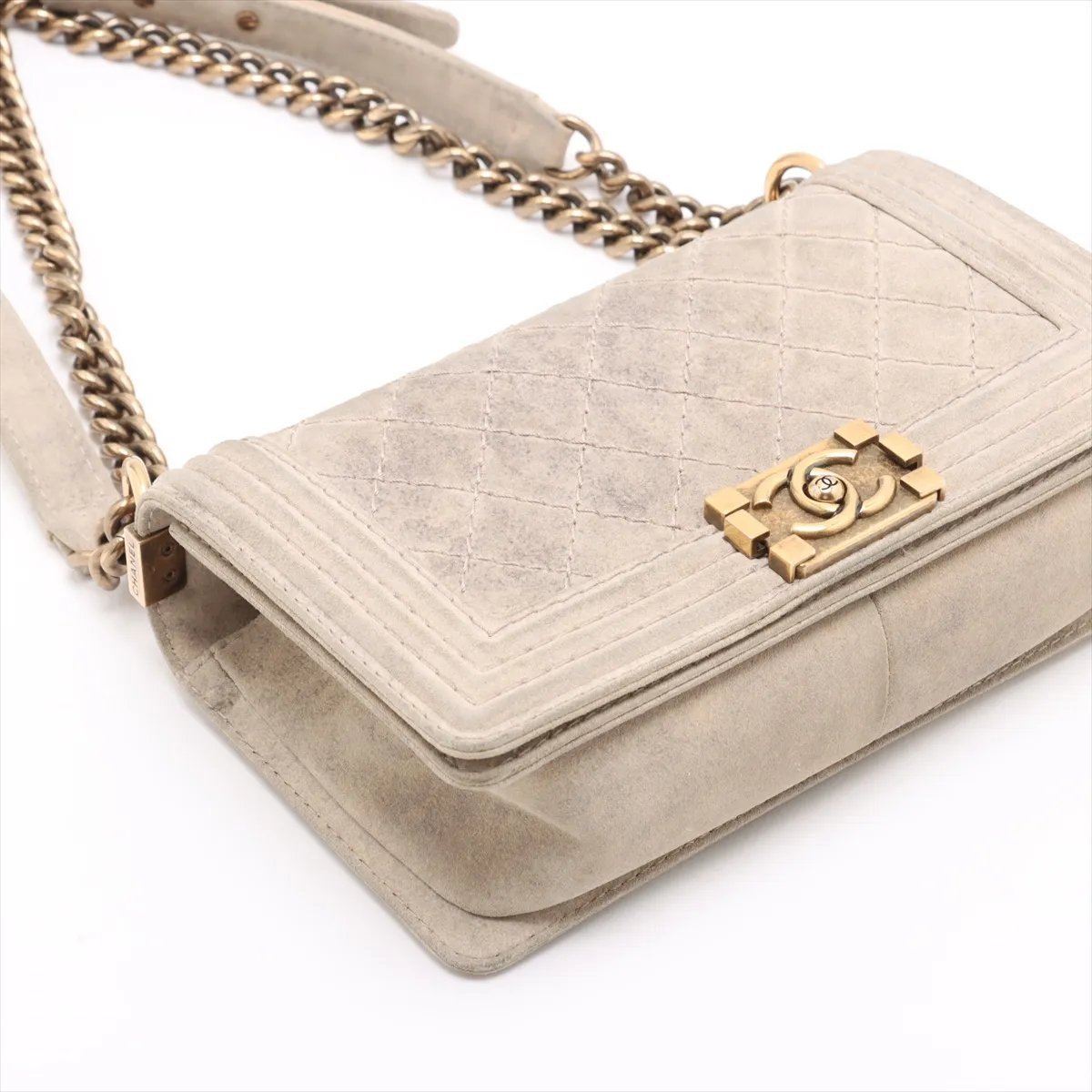 Chanel Boy Flap Quilted Distressed Suede new Medium Beige