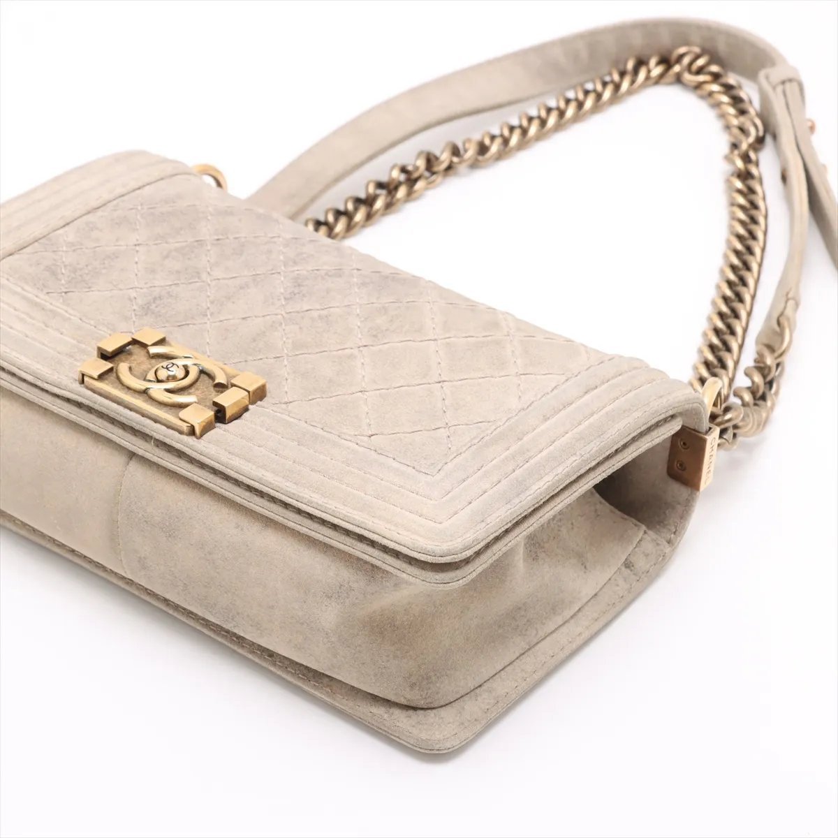 Chanel Boy Flap Quilted Distressed Suede new Medium Beige