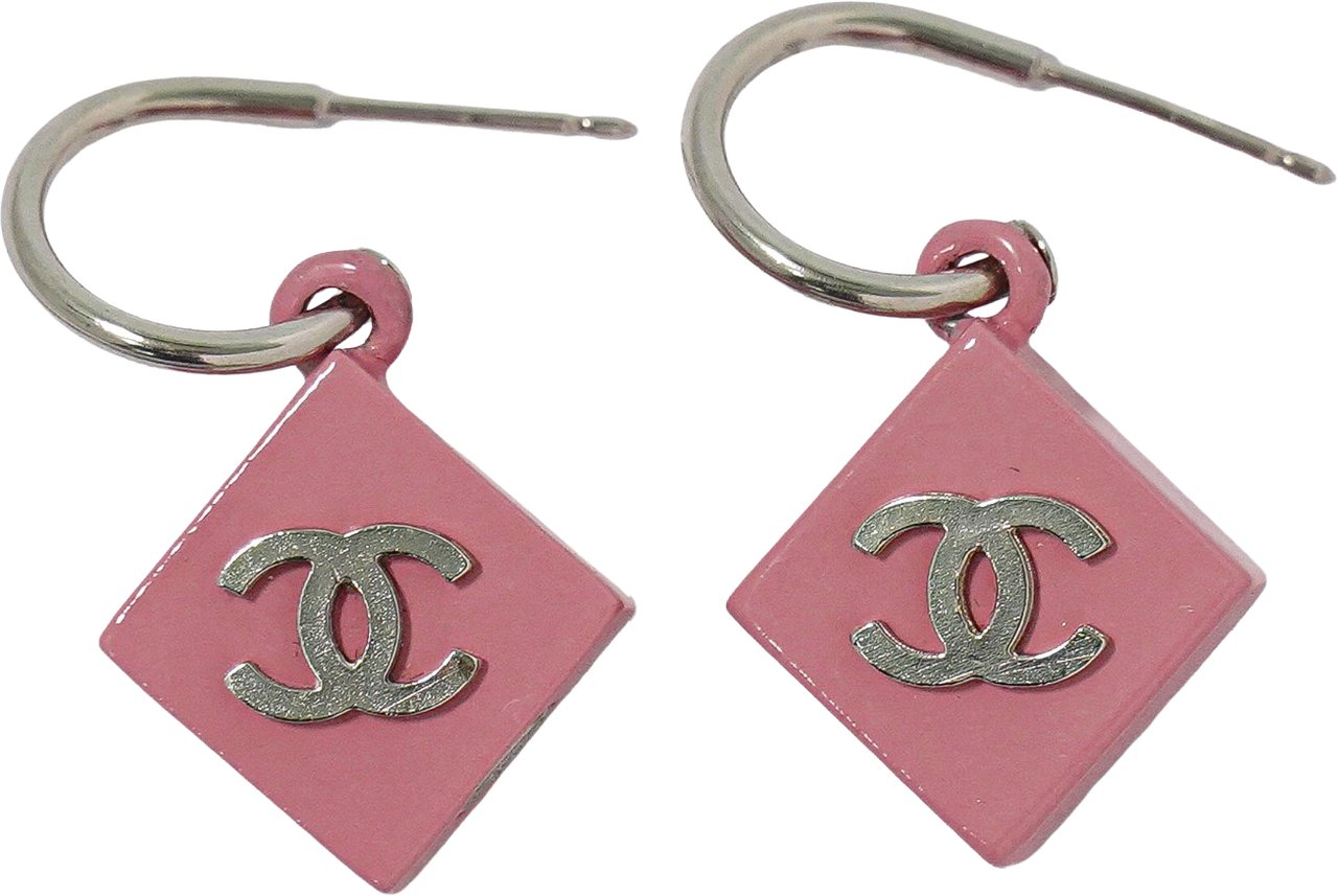 Chanel Vintage CC Square Drop Metal with Enamel and Lace Zilver