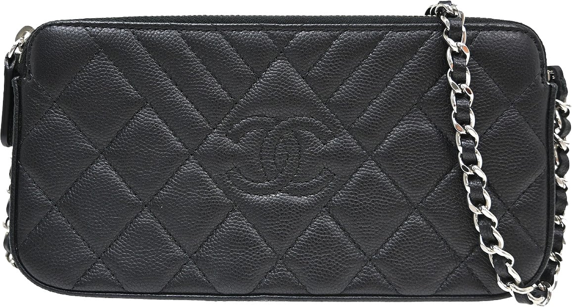 Chanel Diamond CC Double Zip Clutch with Chain Quilted Lambskin Zwart
