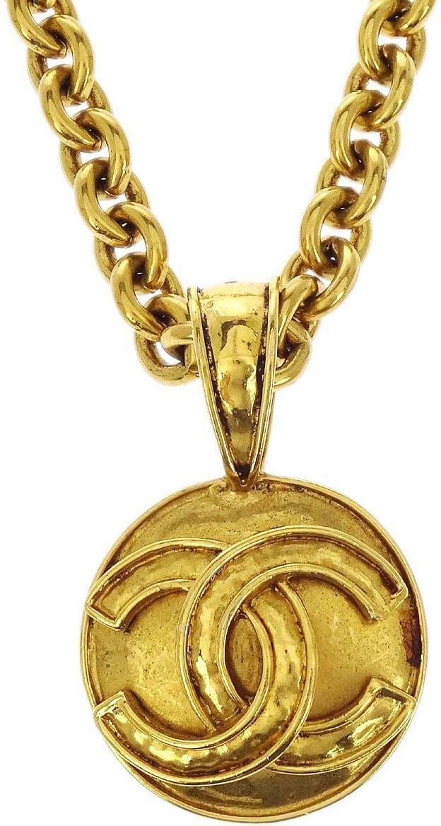 Chanel Chanel Vintage CC Round Pendant Chain Necklace Metal Goud
