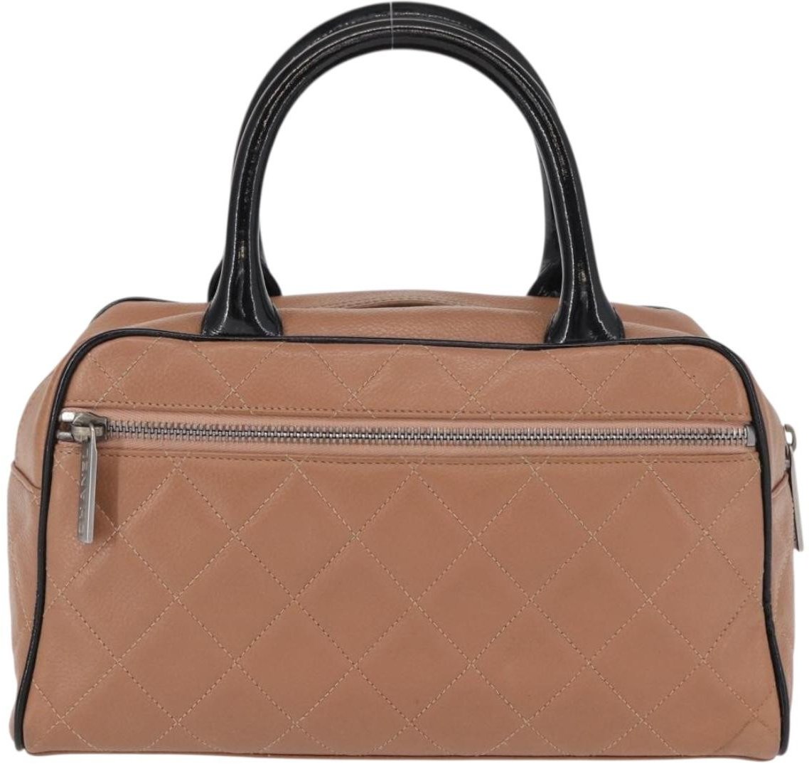 Chanel Chanel Embossed Logo Bowler Bag Quilted Caviar Small Beige