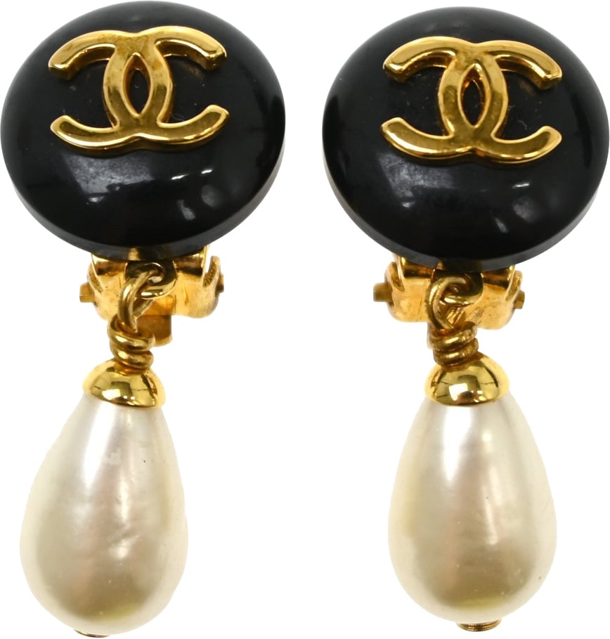 Chanel CC Pearl Teardrop Metal and Faux Pearls Zwart