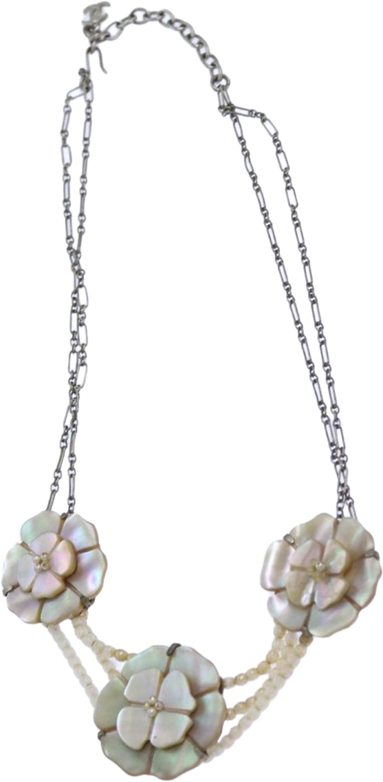 Chanel Chanel Camellia CC Long Necklace Metal with Faux Pearls Zilver