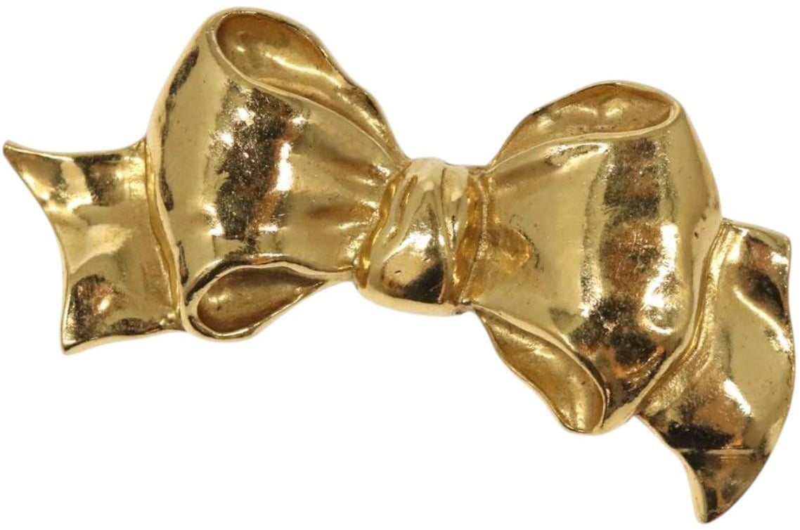 Chanel Chanel Vintage CC Bow Brooch Felt with Faux Pearls Goud