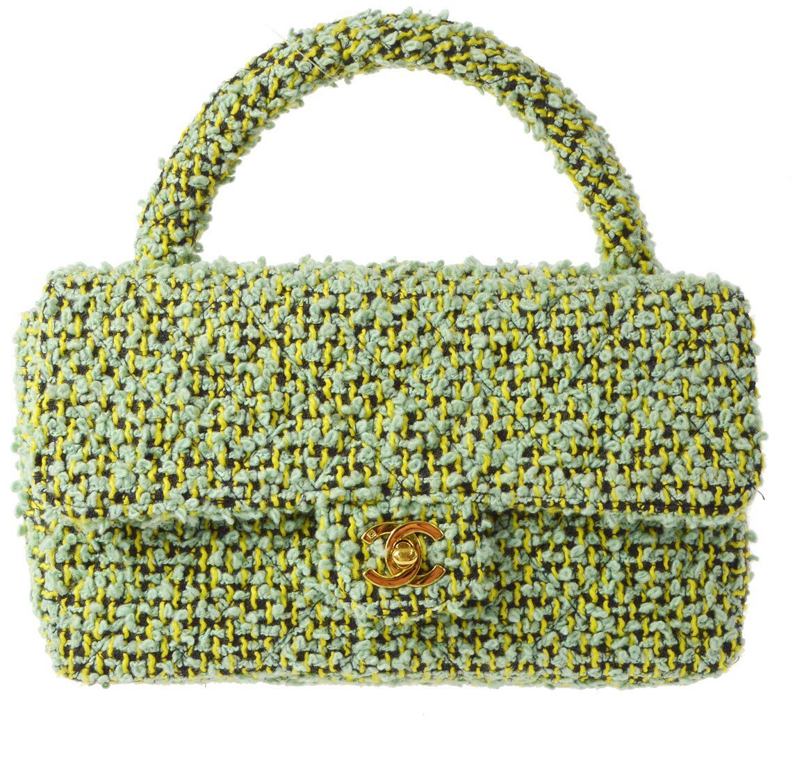 Chanel Chanel Vintage Classic Top Handle Flap Bag Quilted Tweed Medium Groen