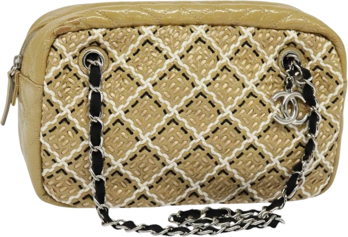 Chanel Camera Case Woven Stitch Patent Small Beige