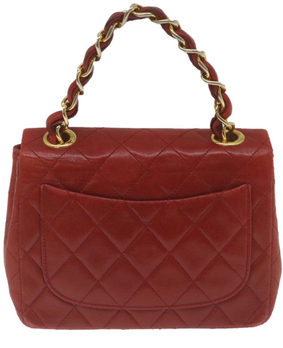 Chanel Vintage Square Chain Handle Flap Bag Quilted Lambskin Mini Rood