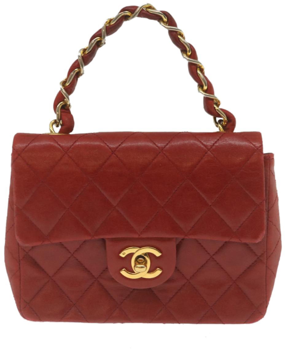 Chanel Vintage Square Chain Handle Flap Bag Quilted Lambskin Mini Rood