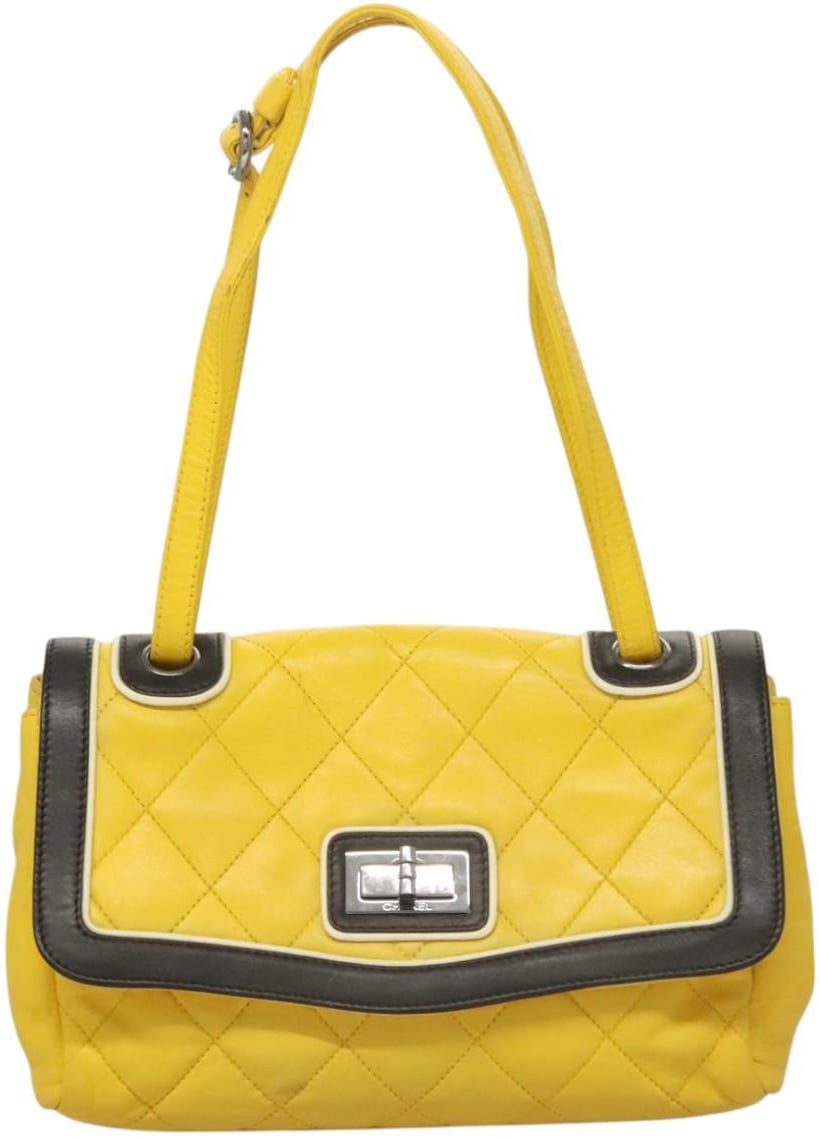 Chanel Chanel Two Tone Mademoiselle Lock Flap Bag Quilted Lambskin Large Geel