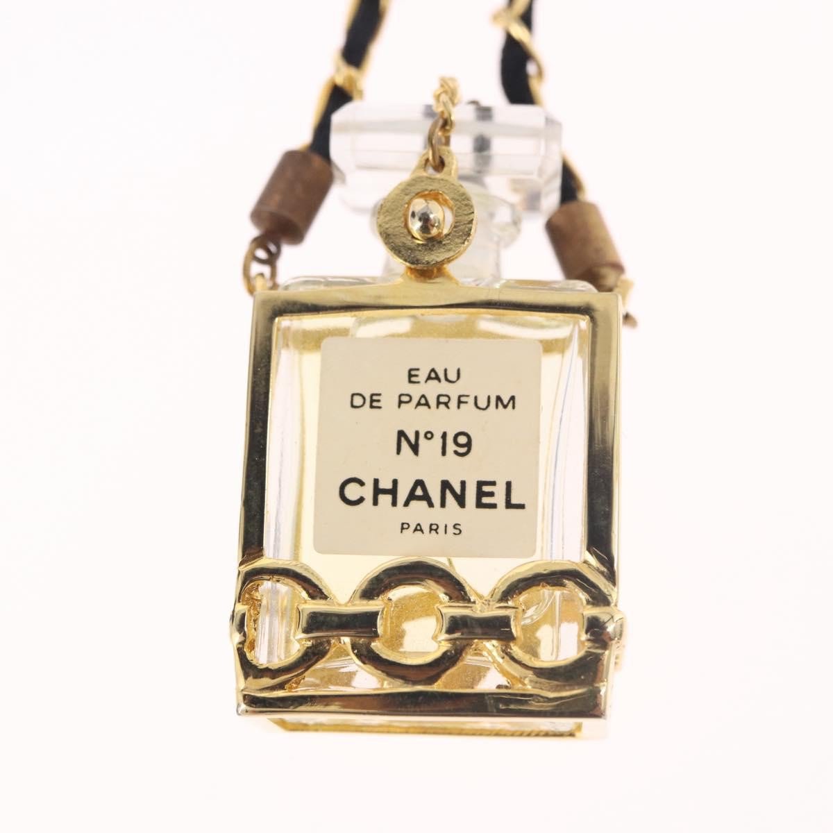 Chanel CC Perfume Bottle Pendant Chain Long Metal with Leather, Crystals and Faux Pearl Goud