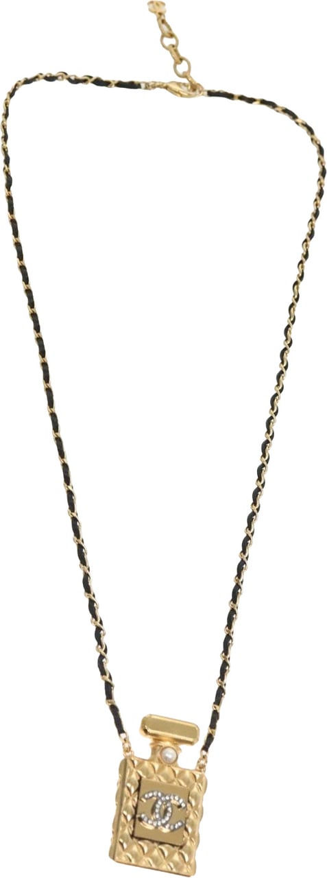 Chanel Chanel CC Perfume Bottle Pendant Chain Long Necklace Metal with Leather, Crystals and Faux Pearl Goud