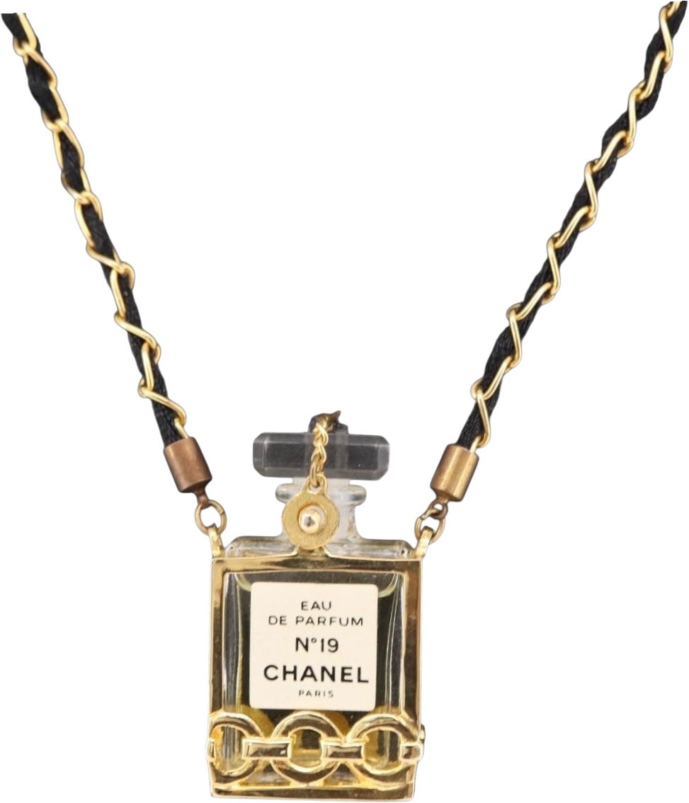 Chanel CC Perfume Bottle Pendant Chain Long Metal with Leather, Crystals and Faux Pearl Goud