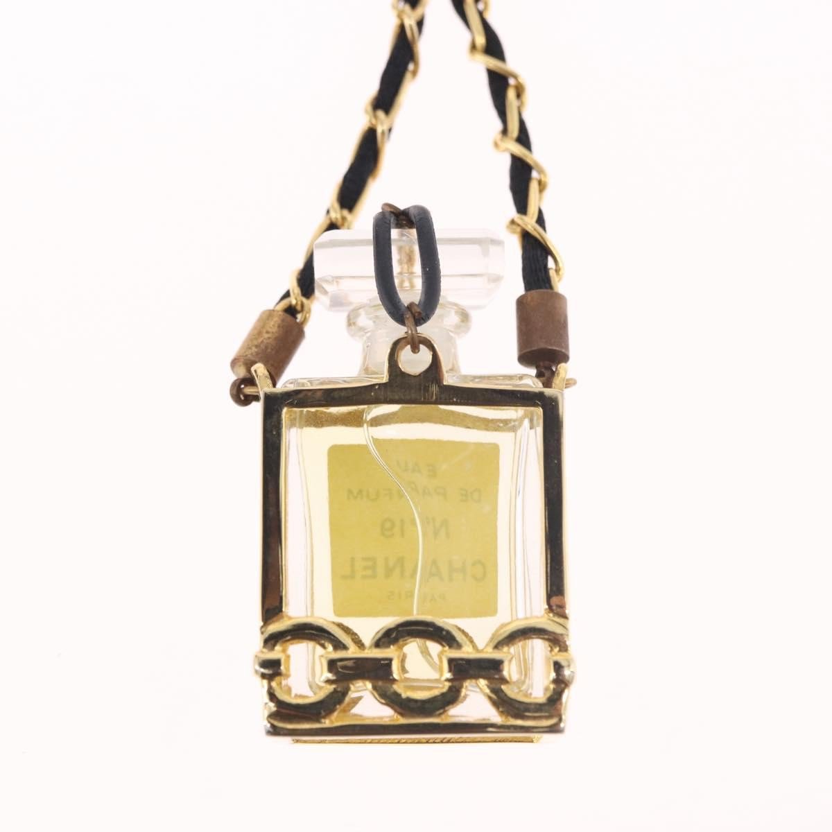 Chanel CC Perfume Bottle Pendant Chain Long Metal with Leather, Crystals and Faux Pearl Goud
