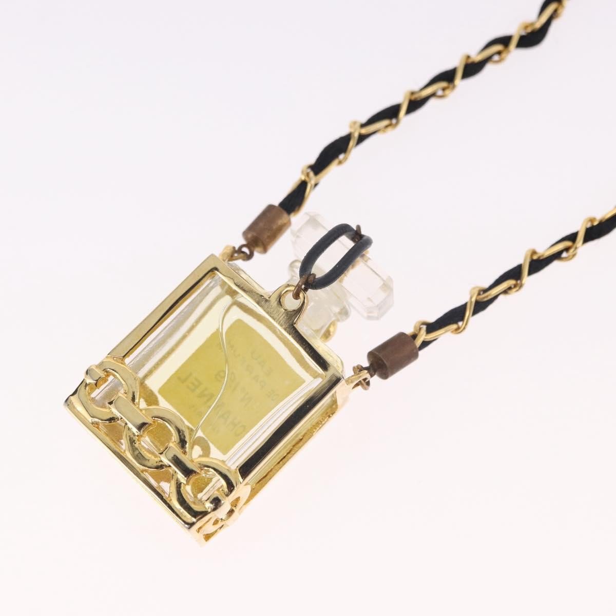 Chanel CC Perfume Bottle Pendant Chain Long Metal with Leather, Crystals and Faux Pearl Goud