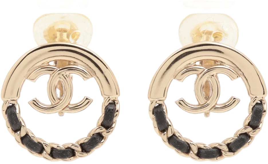 Chanel CC Stud Earrings Metal and Leather Goud