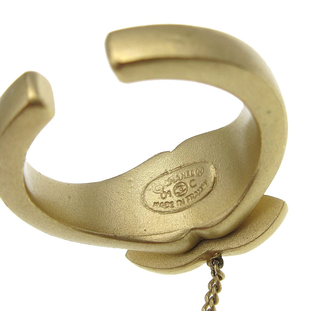 Chanel Chanel Logo Bangle with Chain Attached CC Ring Metal with Crystal Goud