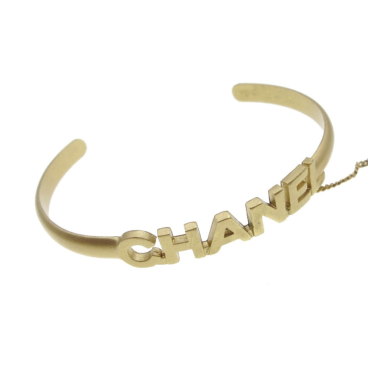 Chanel Chanel Logo Bangle with Chain Attached CC Ring Metal with Crystal Goud