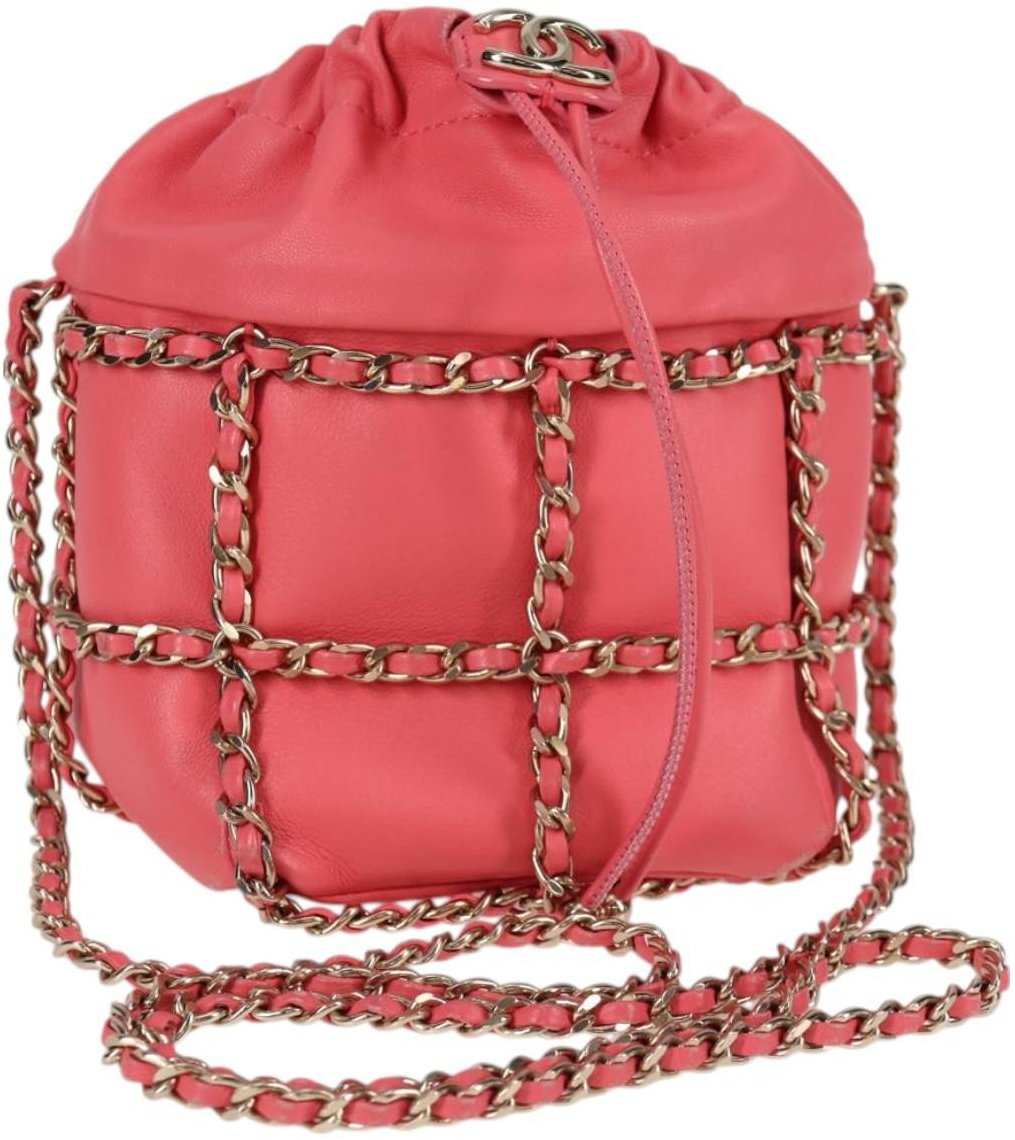 Chanel Chanel Chain Frame CC Drawstring Bucket Bag Lambskin Mini Roze