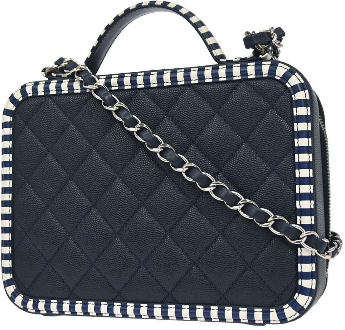 Chanel Filigree Vanity Case Quilted Caviar with Striped Leather Small Navy