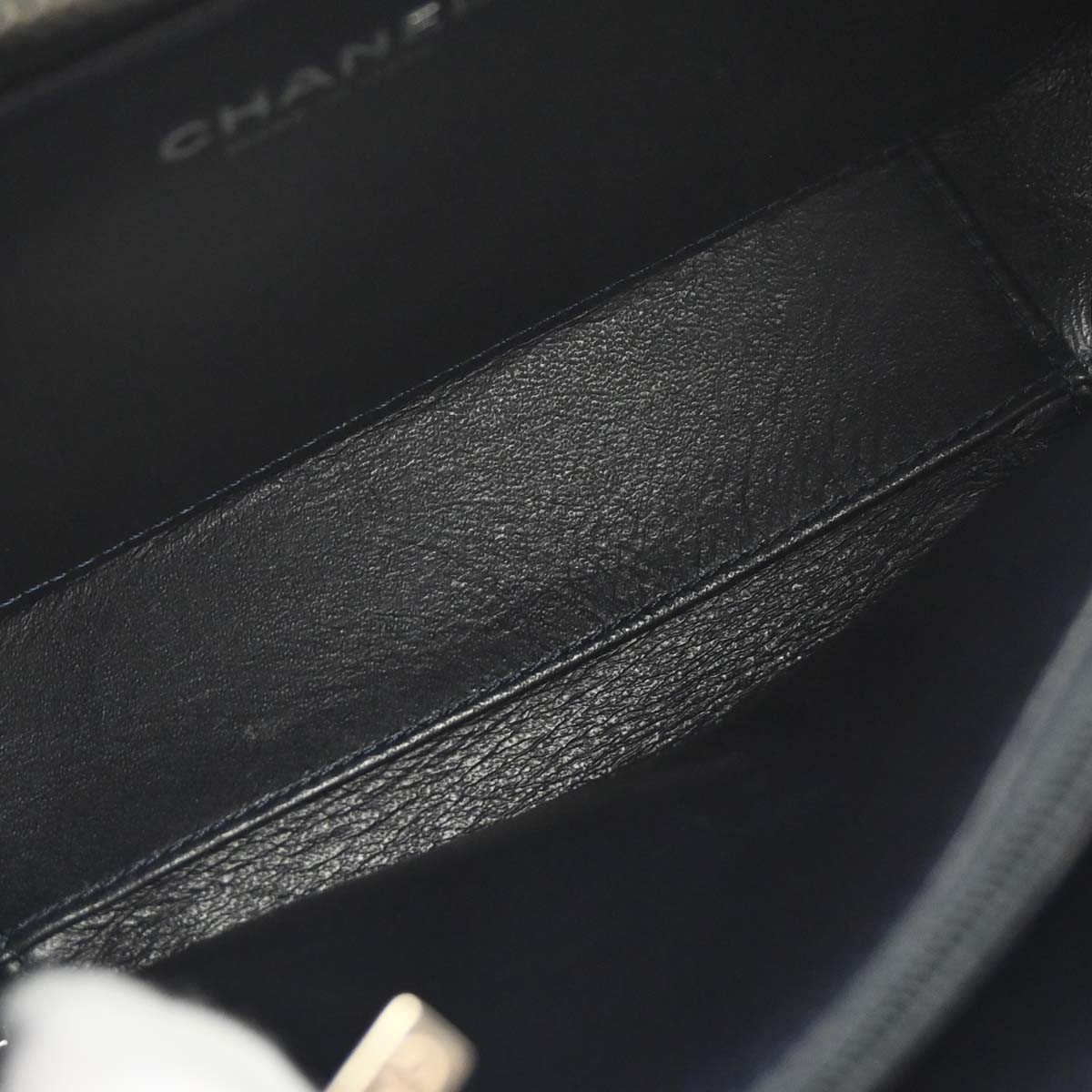 Chanel Filigree Vanity Case Quilted Caviar with Striped Leather Small Navy