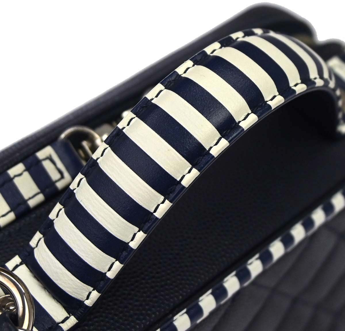 Chanel Filigree Vanity Case Quilted Caviar with Striped Leather Small Navy