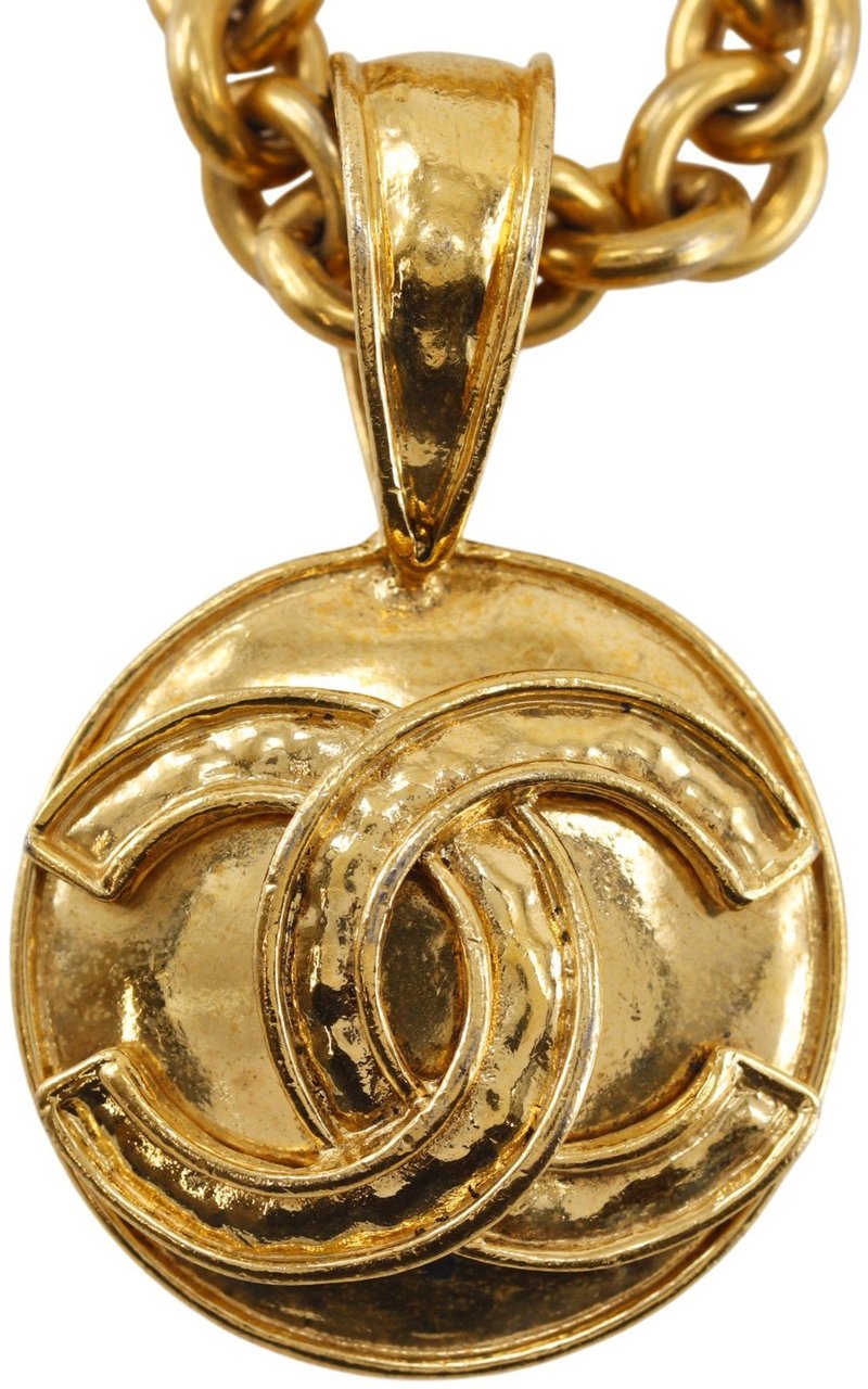 Chanel Vintage CC Round Pendant Long Metal Goud