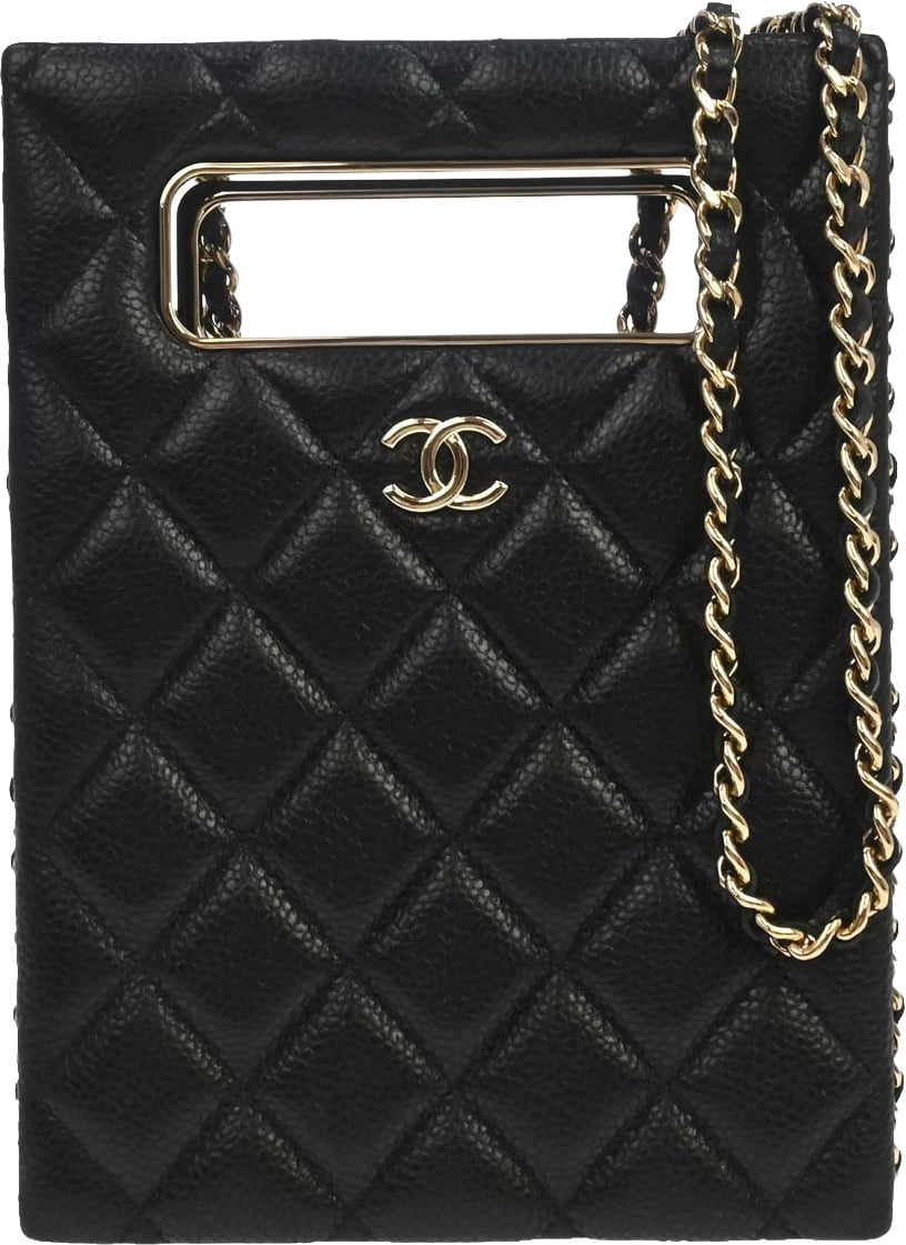 Chanel Chain Around Cut Out Handle Evening Tote Quilted Caviar Mini Zwart