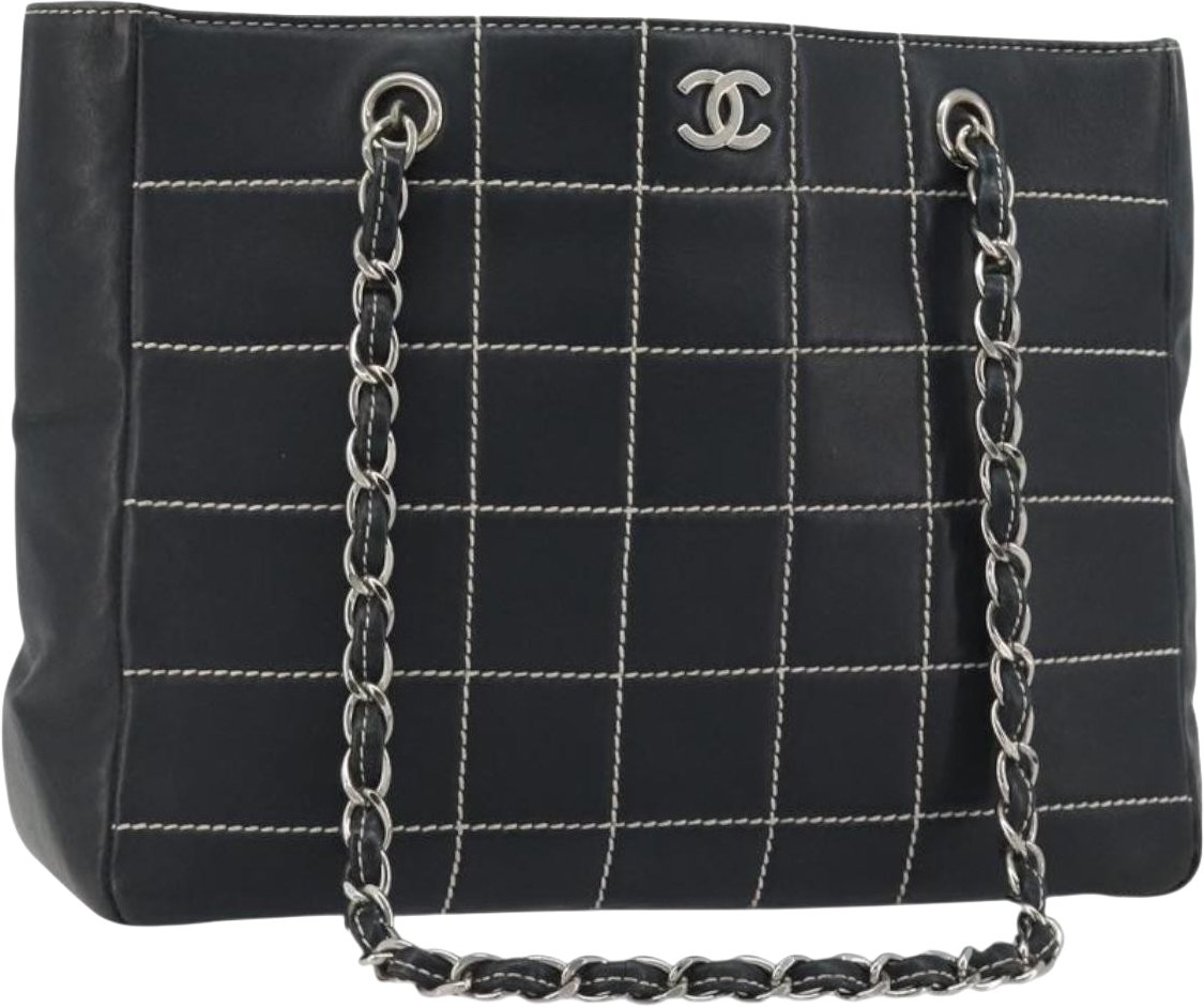 Chanel Vintage Chocolate Bar Tote Quilted Lambskin Medium Navy