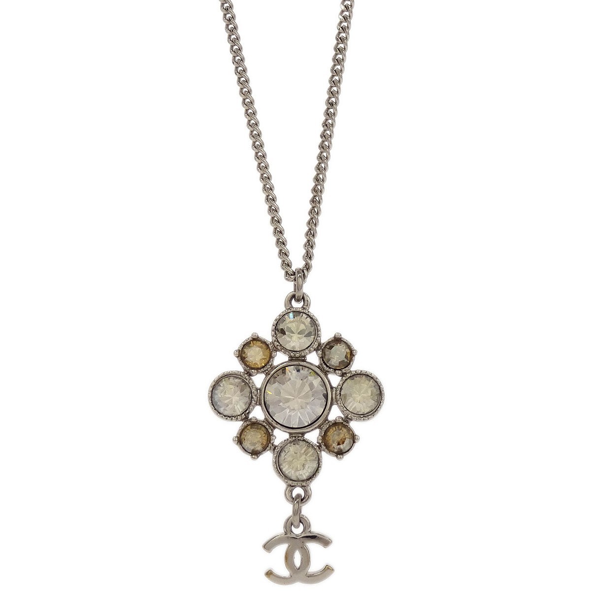 Chanel Chanel CC Cluster Drop Pendant Necklace Metal with Crystals Zilver