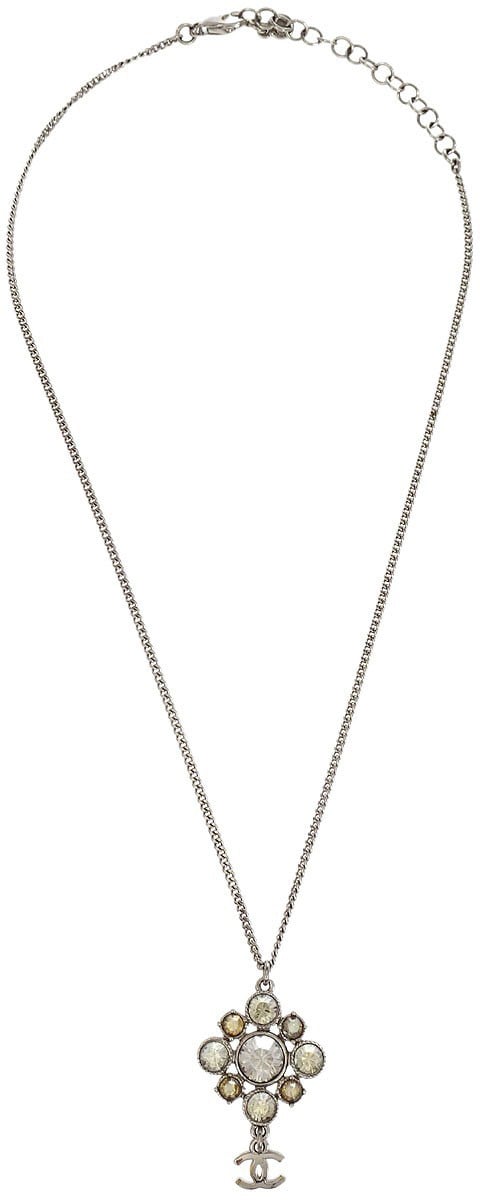 Chanel Chanel CC Cluster Drop Pendant Necklace Metal with Crystals Zilver