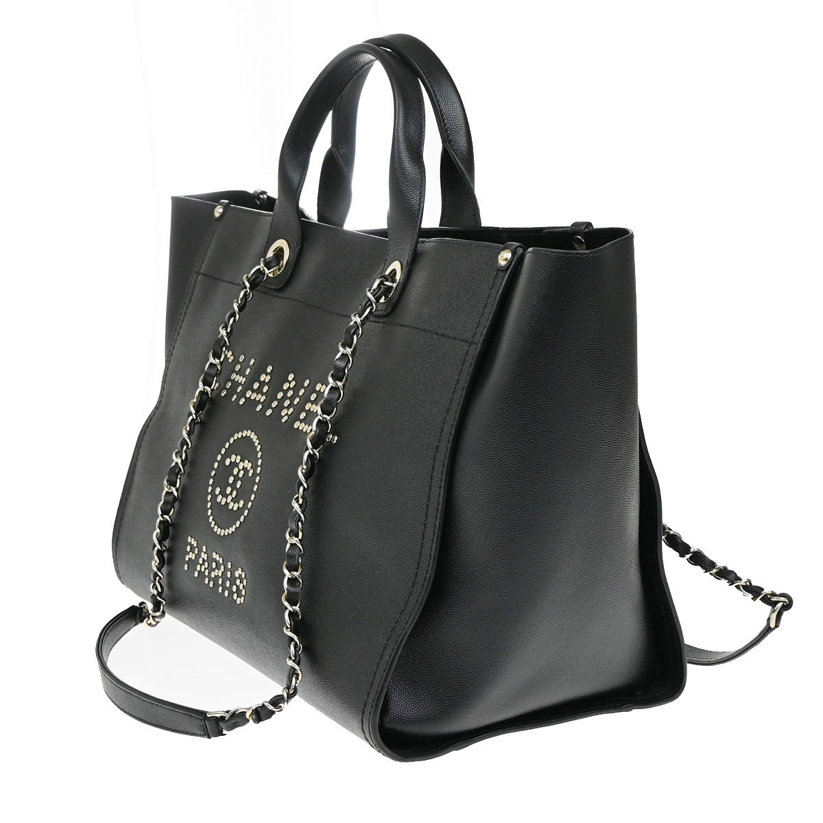 Chanel Chanel Deauville Tote Studded Caviar Medium Zwart