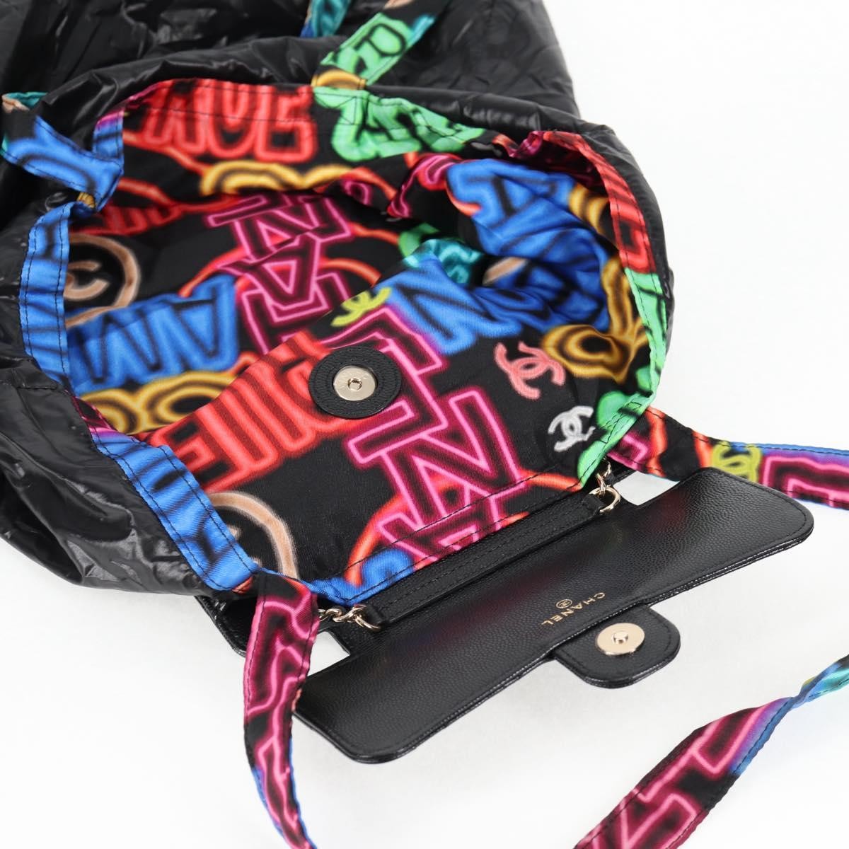 Chanel Chanel Foldable Tote Bag with Chain Quilted Caviar with Printed Nylon Zwart