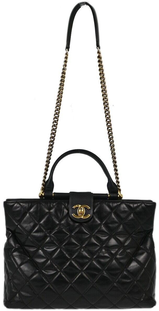 Chanel Chanel Gold Bar Tote Quilted Aged Calfskin Small Zwart
