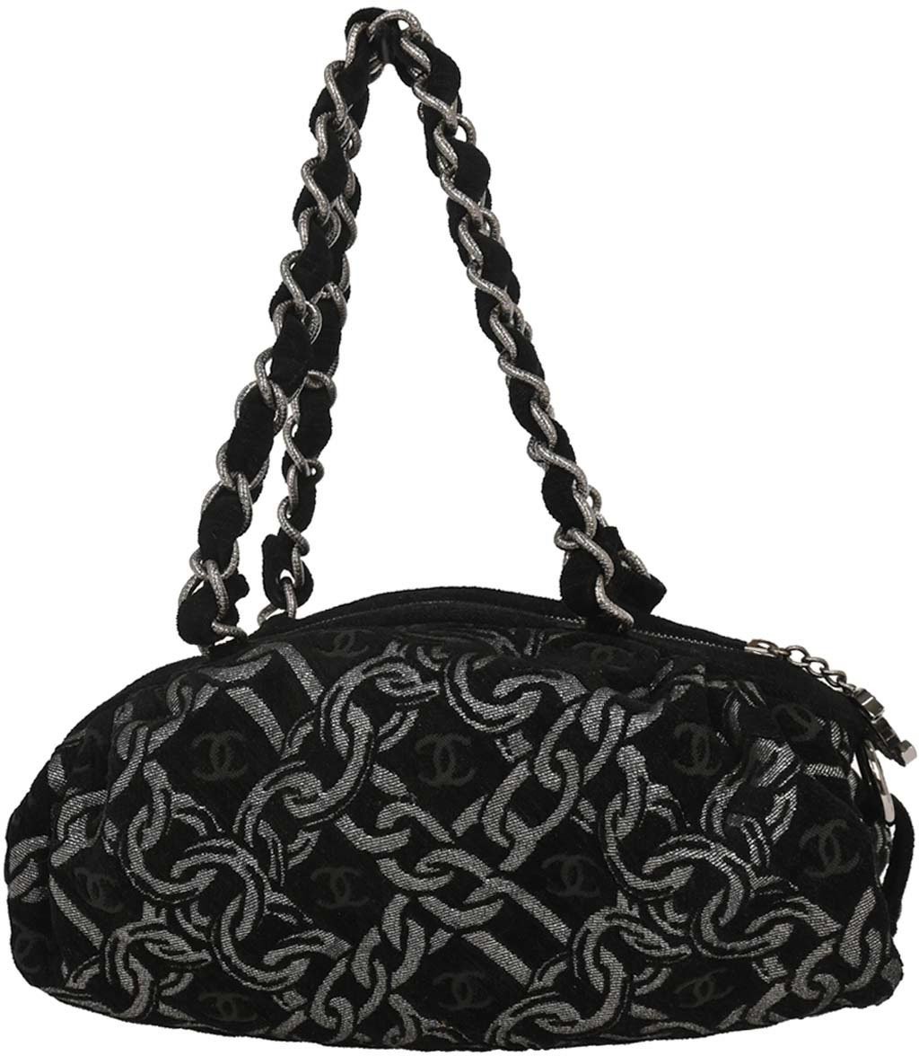Chanel Vintage Zip Bowler Bag Printed Jacquard Large Zwart