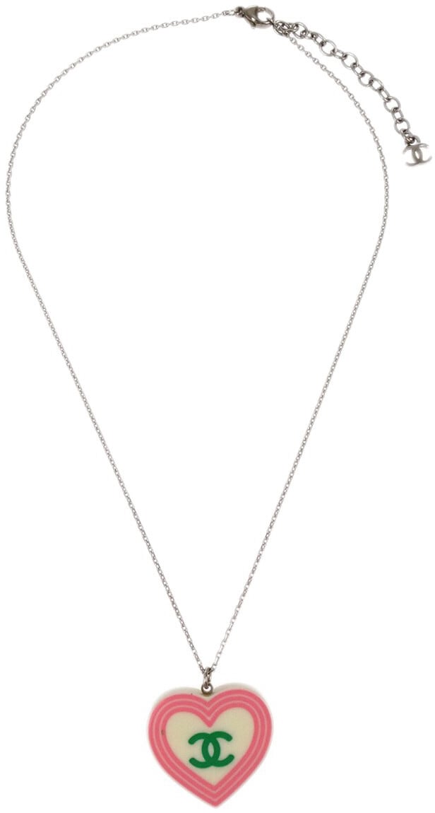 Chanel Chanel CC Heart Pendant Necklace Metal and Enamel Zilver