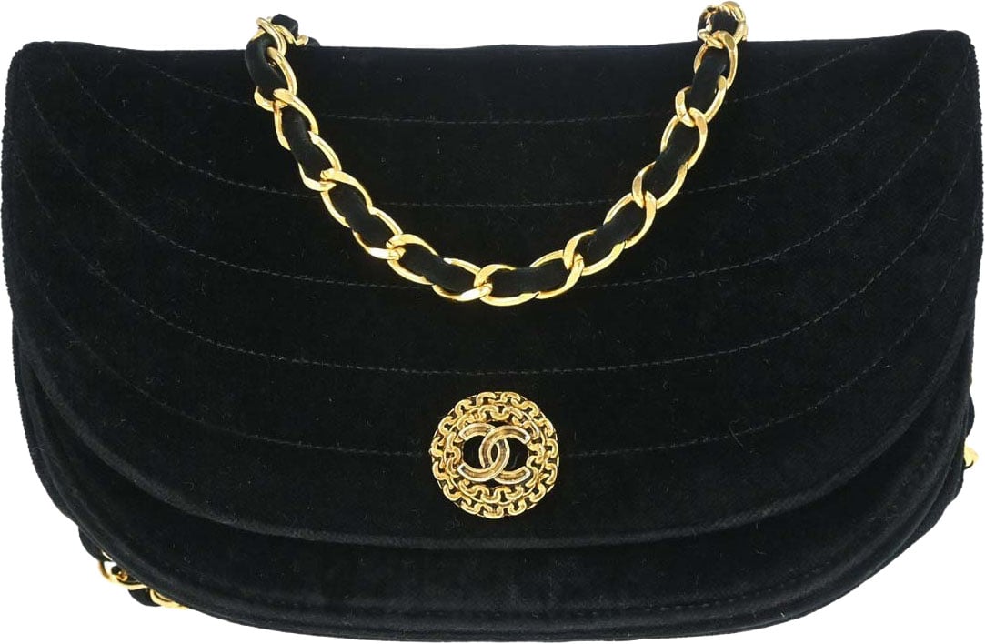 Chanel Vintage Crescent Flap Horizontal Quilted Velvet Medium Zwart