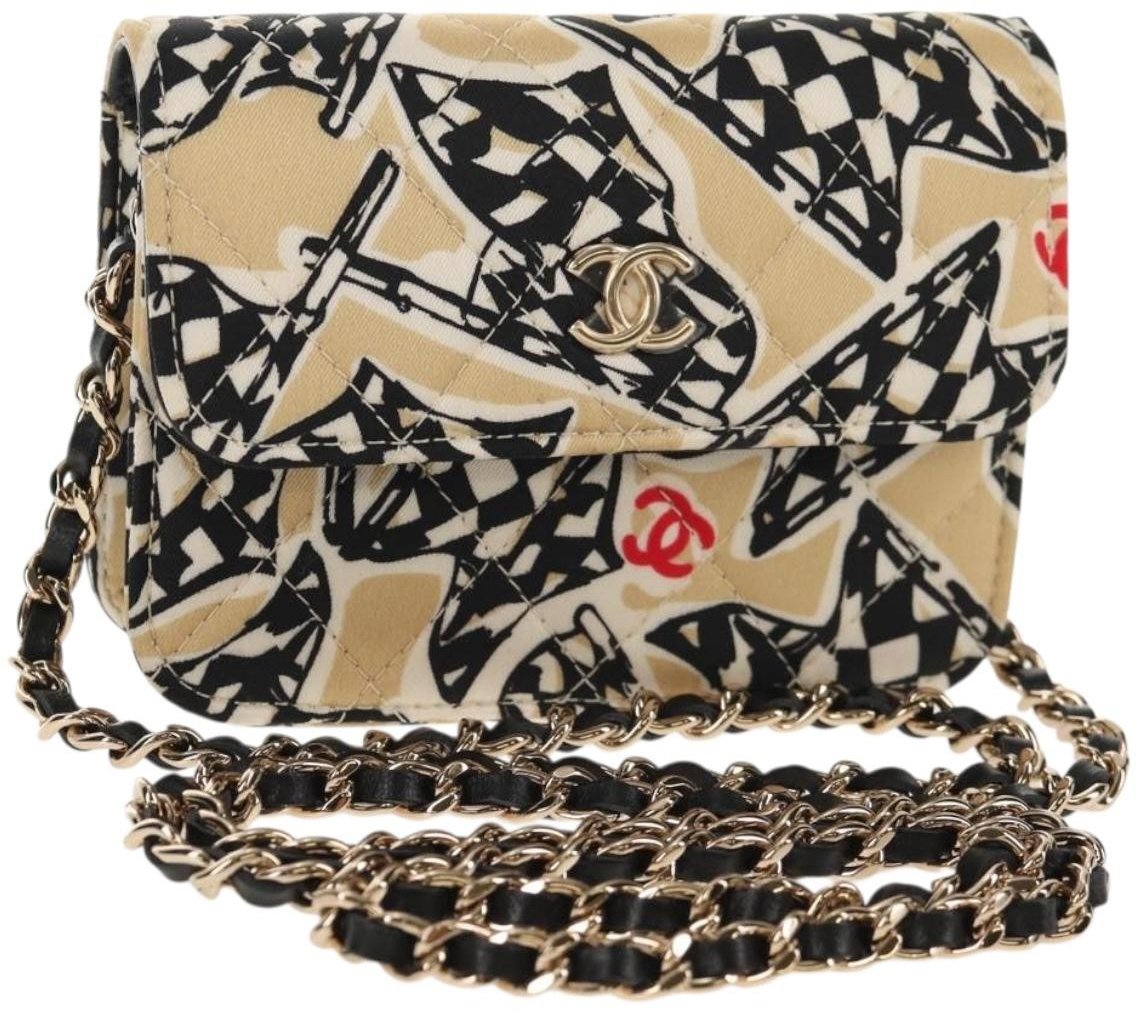 Chanel Chanel Flap Card Holder on Chain Quilted Printed Canvas Beige