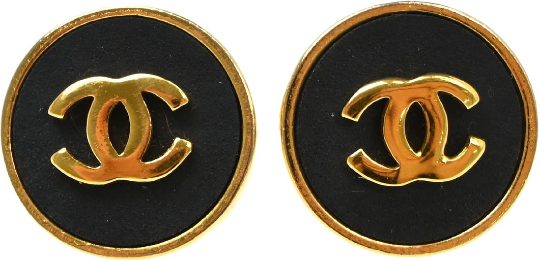 Chanel CC Round Stud Metal and Enamel Zwart