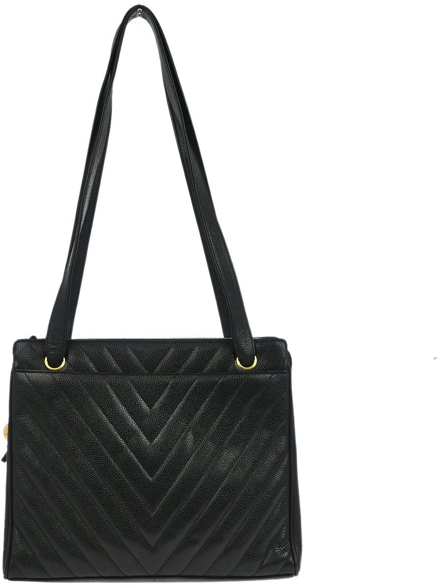 Chanel Chanel Vintage Zip Shoulder Bag Chevron Caviar Medium Zwart