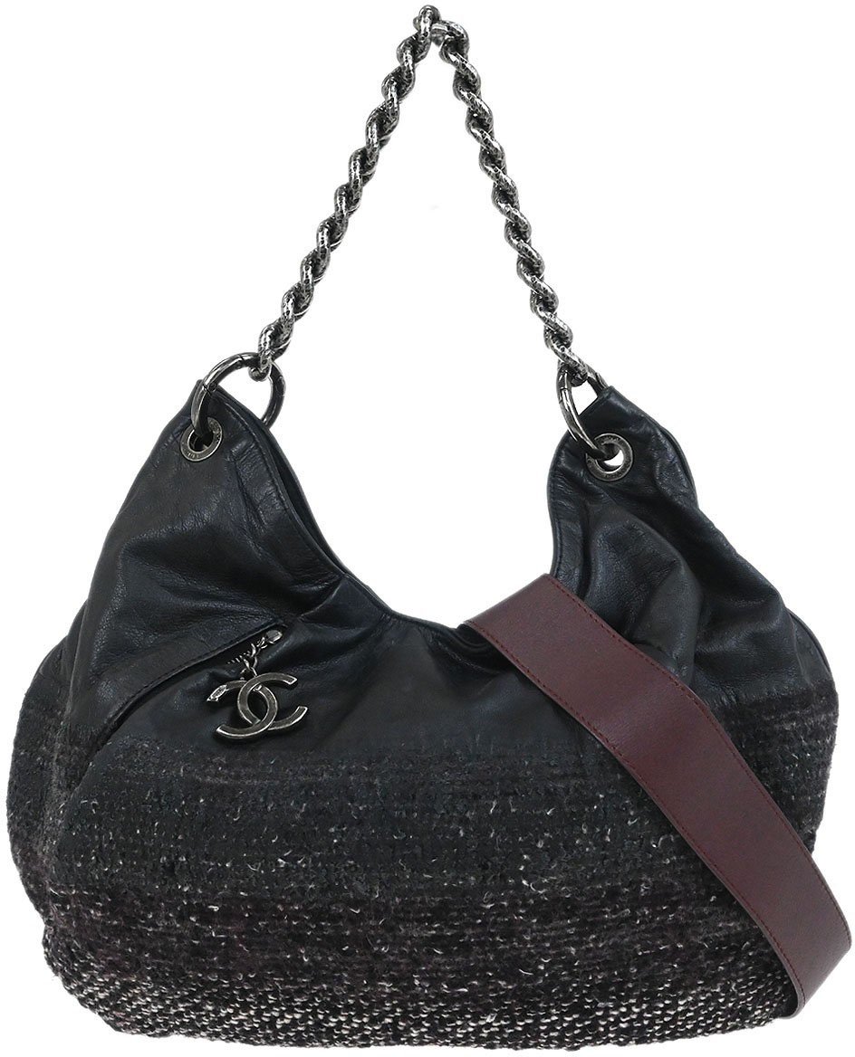 Chanel Chanel Coco Pleats Hobo Leather and Tweed Large Zwart