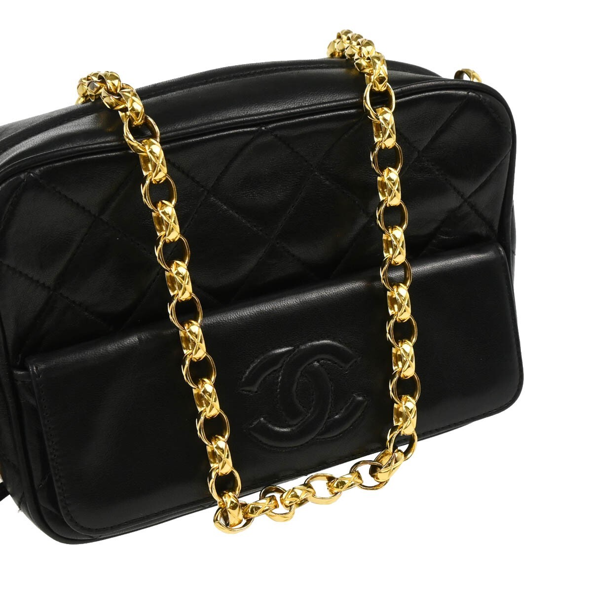 Chanel Chanel Vintage Front Pocket Camera Bag Quilted Leather Mini Zwart