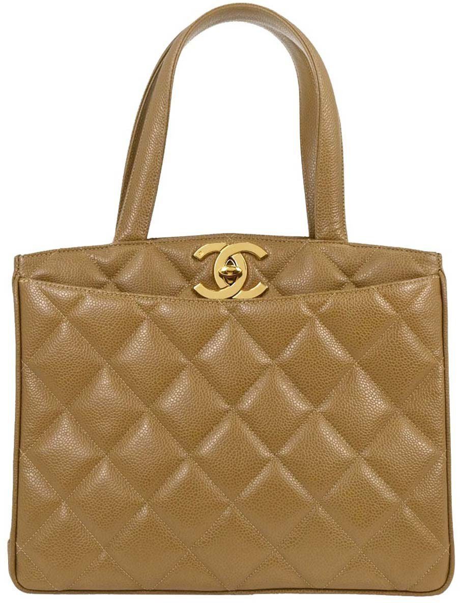Chanel Chanel Vintage CC Lock Pocket Tote Quilted Caviar Small Beige